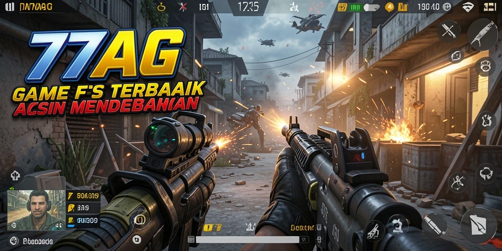 Tangkapan layar menampilkan pertempuran intens dalam game FPS 77AG.
