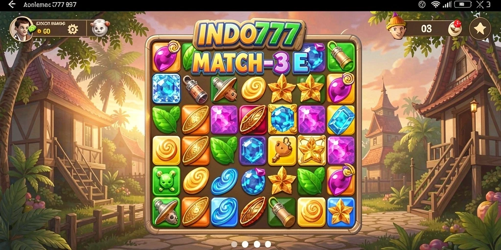 Tampilan gameplay INDO777 dengan berbagai objek Match-3 berwarna-warni.