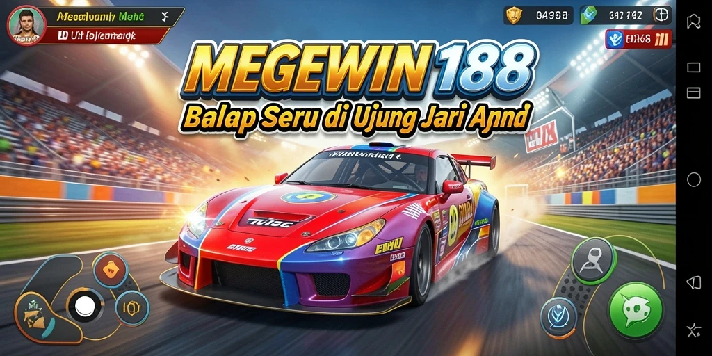 Screenshot MEGEWIN188 menampilkan balapan mendebarkan di trek malam yang realistis.