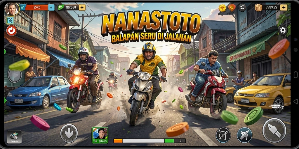Screenshot NANASTOTO menampilkan aksi balapan yang mendebarkan di lintasan berwarna-warni.