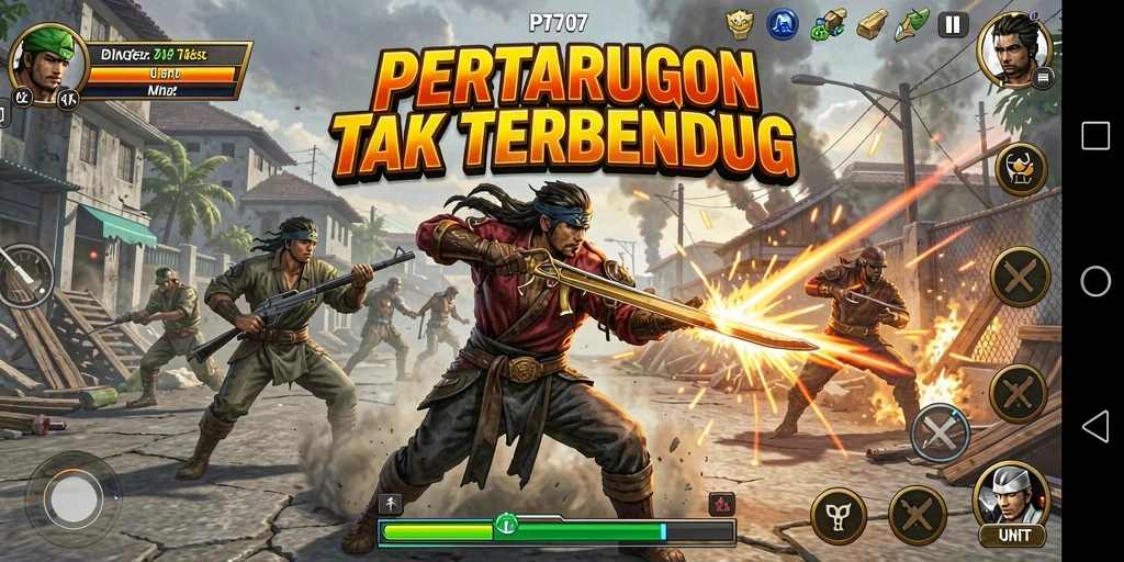 Tangkapan layar gameplay PT707 menunjukkan pertarungan mendebarkan dengan karakter unik.