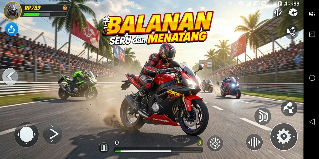 Screenshot gameplay RR789 menampilkan aksi balapan motor yang mendebarkan.