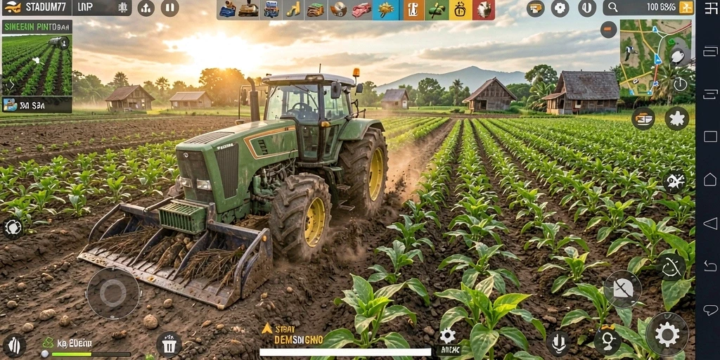 Screenshot gameplay STADIUM77 dengan ladang yang subur dan tanaman sehat.